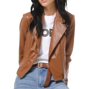 MICHAEL KORS Women's Leather Moto Jacket in Camel (M)